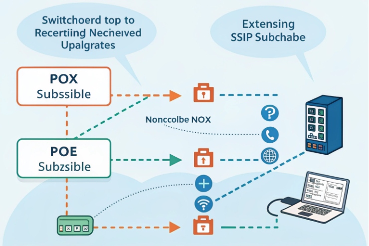 PoE and SIP network diagram linking IP devices, softphone, and desktop
