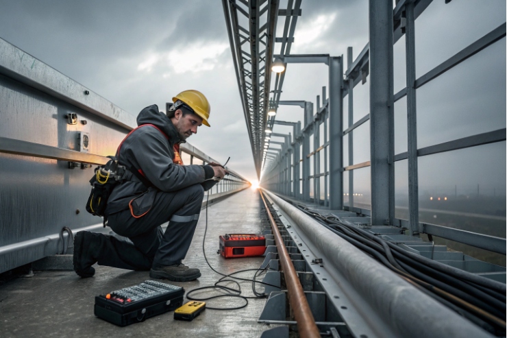 Technician kneels on an outdoor industrial gantry testing cables with field instruments during installation/commissioning.