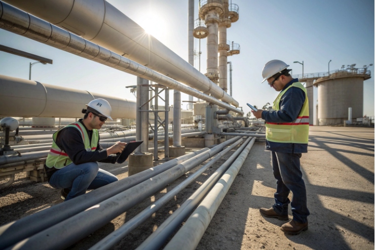 Technicians inspecting refinery pipelines with tablet and handheld device on site