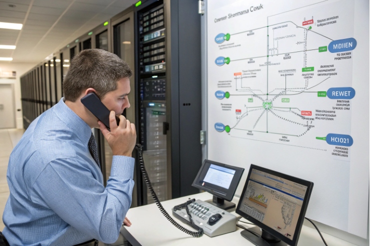 Engineer using desk phone in data center beside network topology and monitoring screens