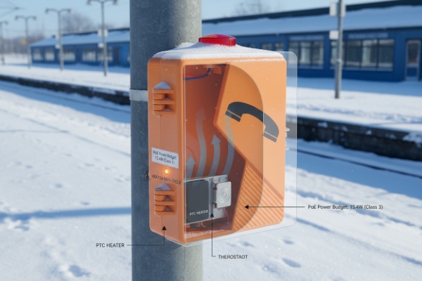 Outdoor SIP emergency phone in snow with PTC heater and thermostat for cold weather