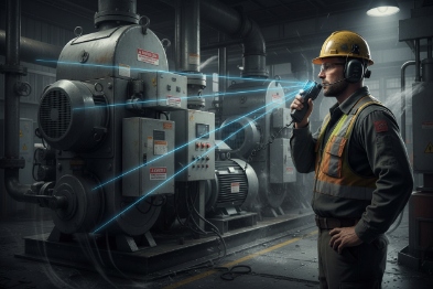 Maintenance worker using radio near industrial compressor with alarm network overlay lines