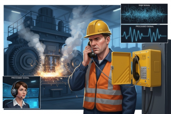 Worker using industrial emergency phone with signal processing graphics in heavy machinery area