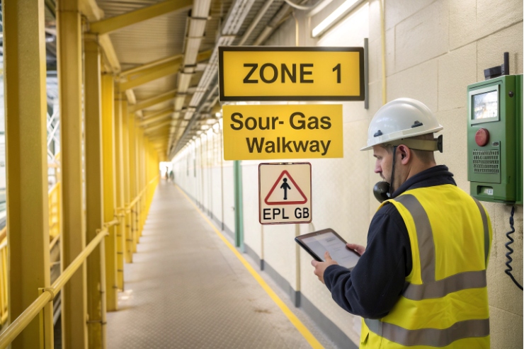 Technician in hi-vis and hard hat checks a “ZONE 1 – Sour Gas Walkway” area while holding a tablet; rugged green industrial phone mounted on the wall nearby.