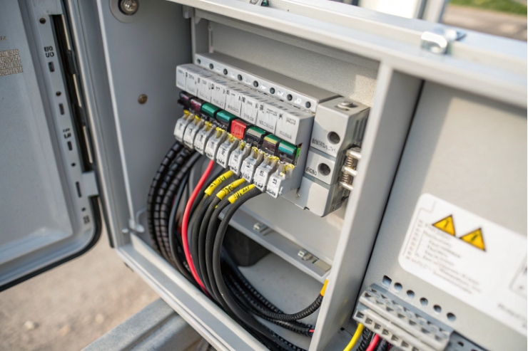Electrical control cabinet with circuit breakers and labeled wiring harnesses