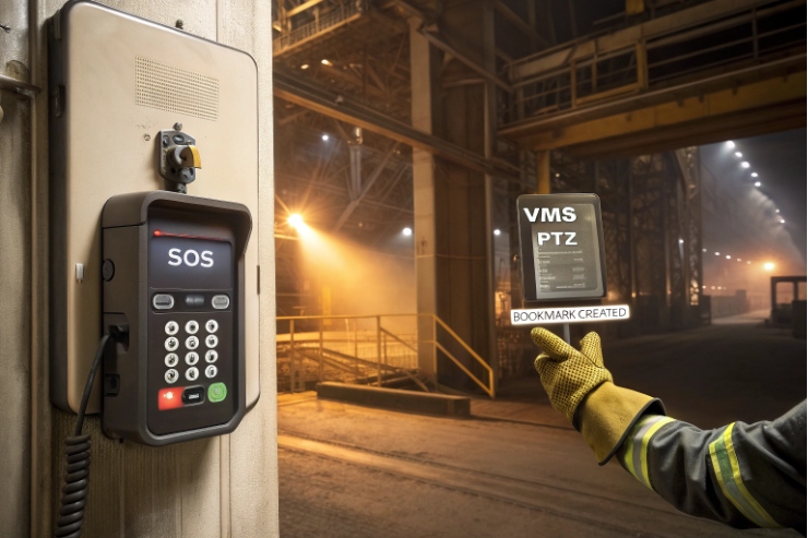 SOS industrial intercom triggers VMS PTZ bookmark in factory for incident response.