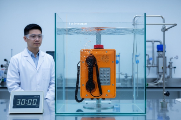 Immersion test of orange SIP emergency phone in water tank with timer