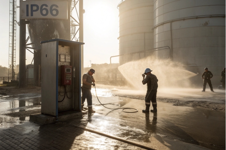 IP66 washdown test of emergency phone booth with water spray at tank farm.
