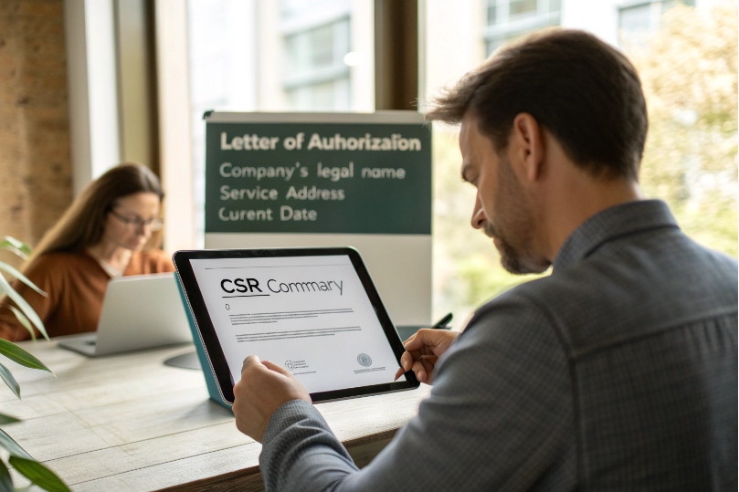 Businessman reviewing CSR summary and LOA requirements for number porting on tablet