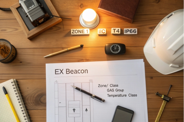 Desk scene with an “EX Beacon” spec sheet and labels: Zone 1, IIC, T4, IP66