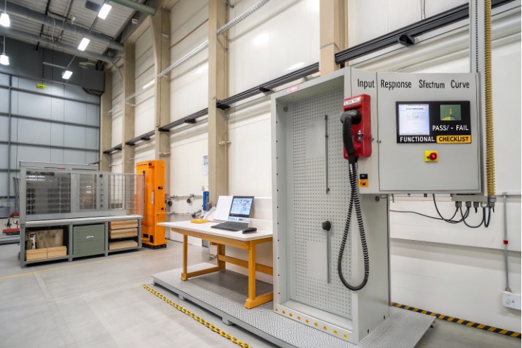 Functional test station with red handset, checklist screen, and validation setup in factory lab