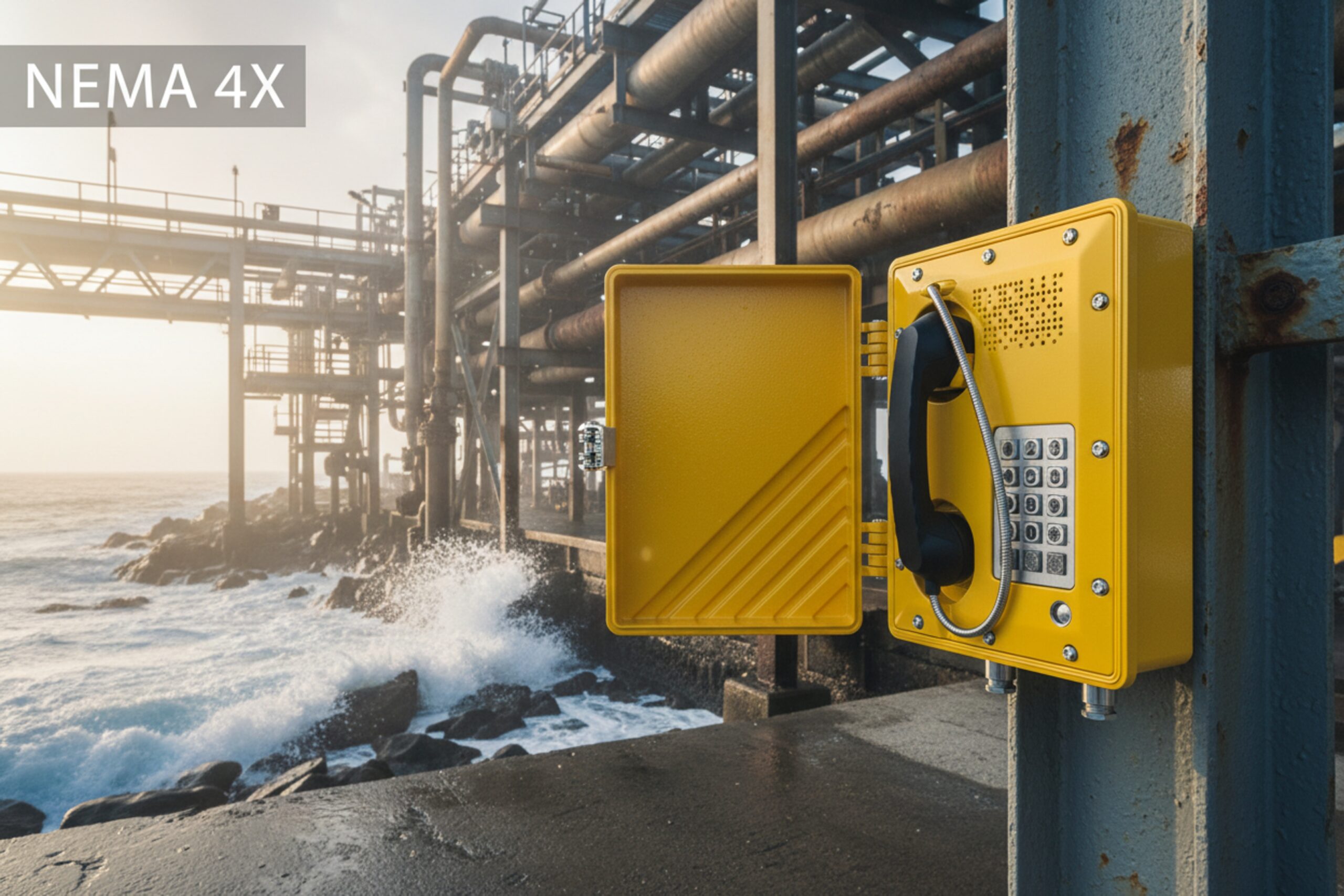 NEMA 4X weatherproof emergency telephone installed on offshore platform with sea spray