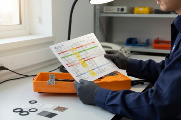 Technician reviewing QC checklist beside orange emergency phone housing and gasket parts