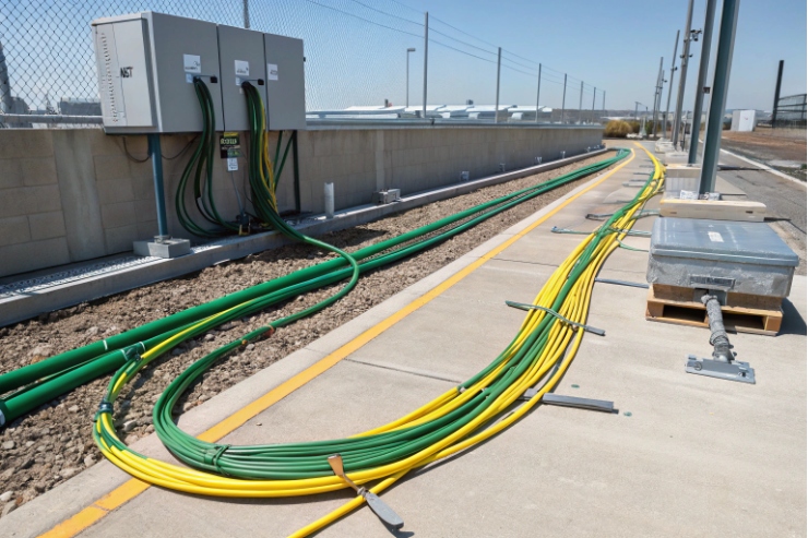 Green and yellow grounding cables routed to outdoor electrical cabinets for earthing system