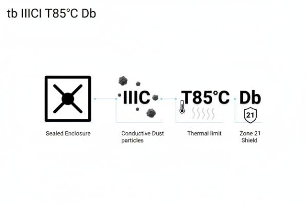 Diagram breaking down Ex tb IIIC T85°C Db dust marking with sealing and thermal limits