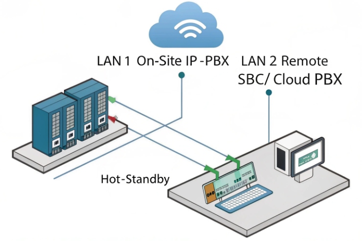 Dual LAN SIP architecture with on-site IP-PBX and remote SBC cloud PBX standby