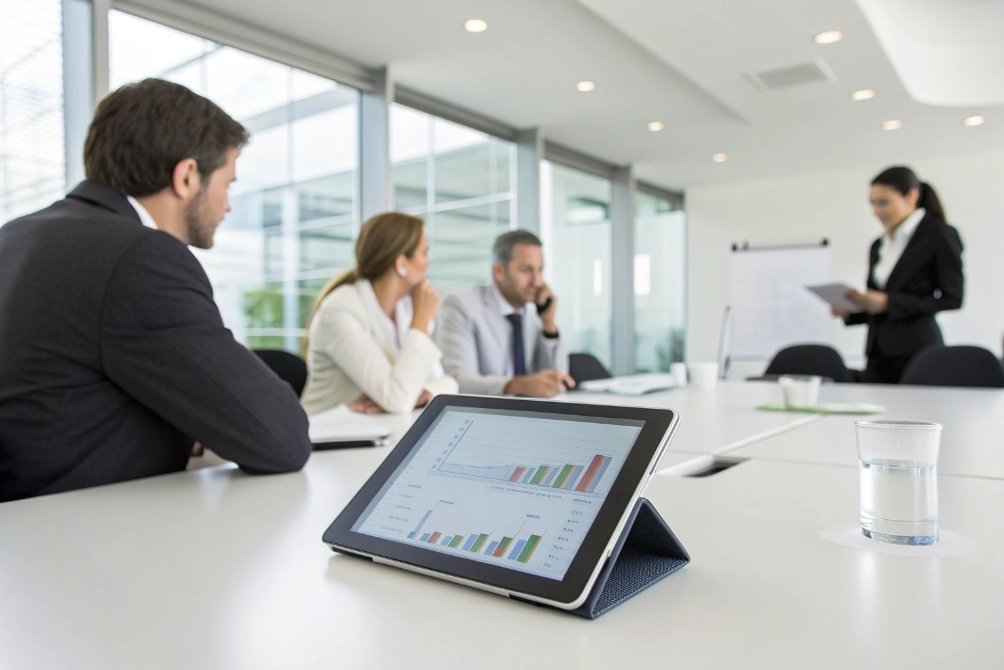 Business meeting with tablet displaying data
