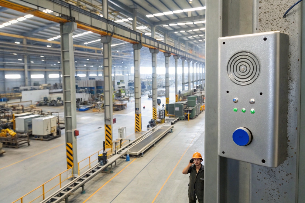 Rugged metal intercom unit with speaker, indicator LEDs, and a large blue call button mounted on a column inside a factory hall, with a worker in a hard hat visible in the background.