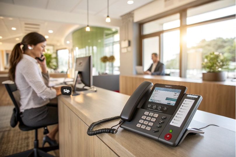 Receptionist taking call on SIP IP desk phone