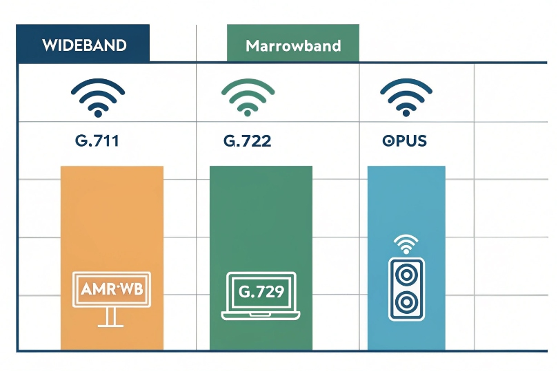 Comparison chart of wideband and narrowband codecs including G.711, G.722, G.729, AMR-WB, and Opus