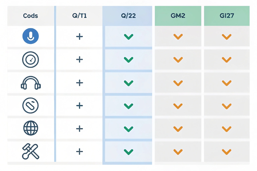 Feature comparison table of audio codecs, listing icons on the left and columns Q/T1, Q/22, GM2, GI27 with plus signs and colored checkmarks.