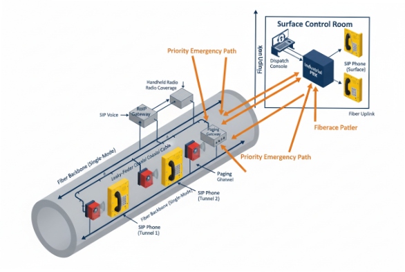 Fiber backbone tunnel communications diagram linking SIP phones, paging gateway, and control room