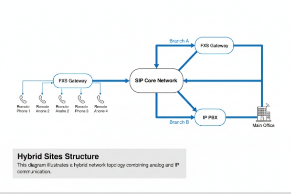 Hybrid sites topology linking analog phones via FXS gateway to SIP core and IP PBX