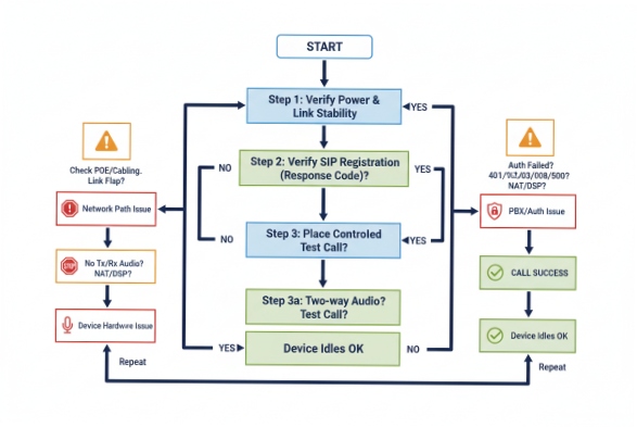 Troubleshooting flowchart for SIP phone power registration test call and two-way audio