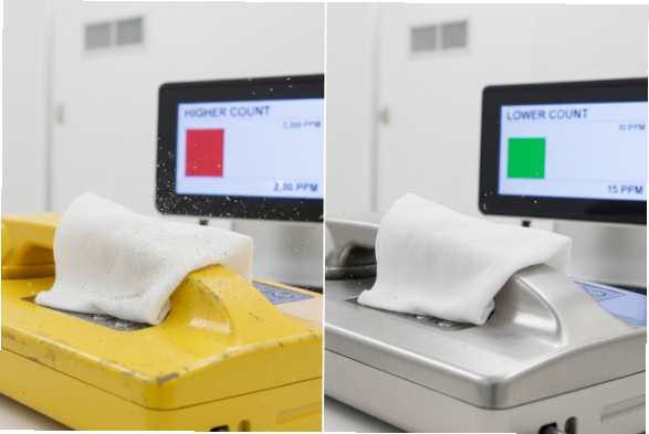 Particle count comparison after wiping, showing improved cleanliness on stainless enclosure