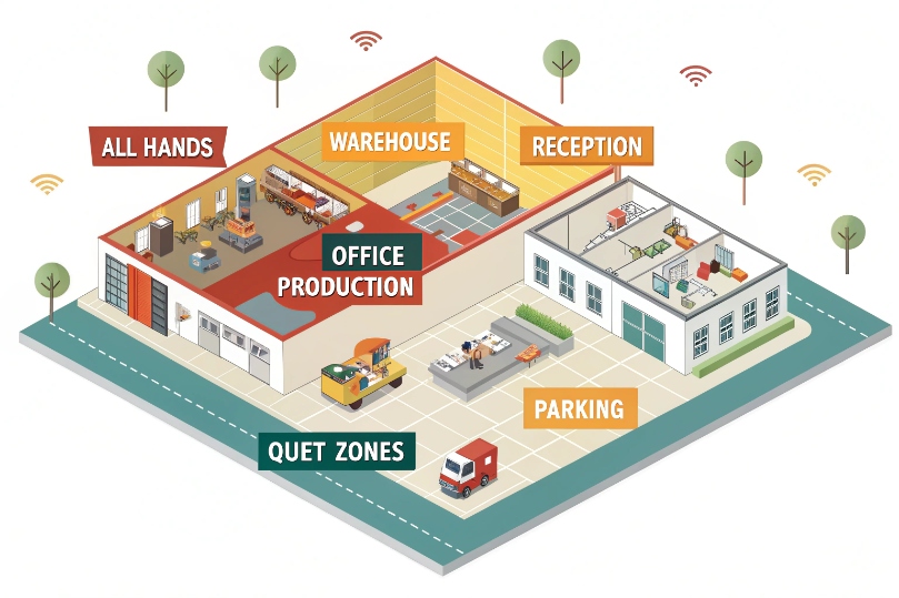 Enterprise floorplan showing office warehouse reception parking and quiet paging zones