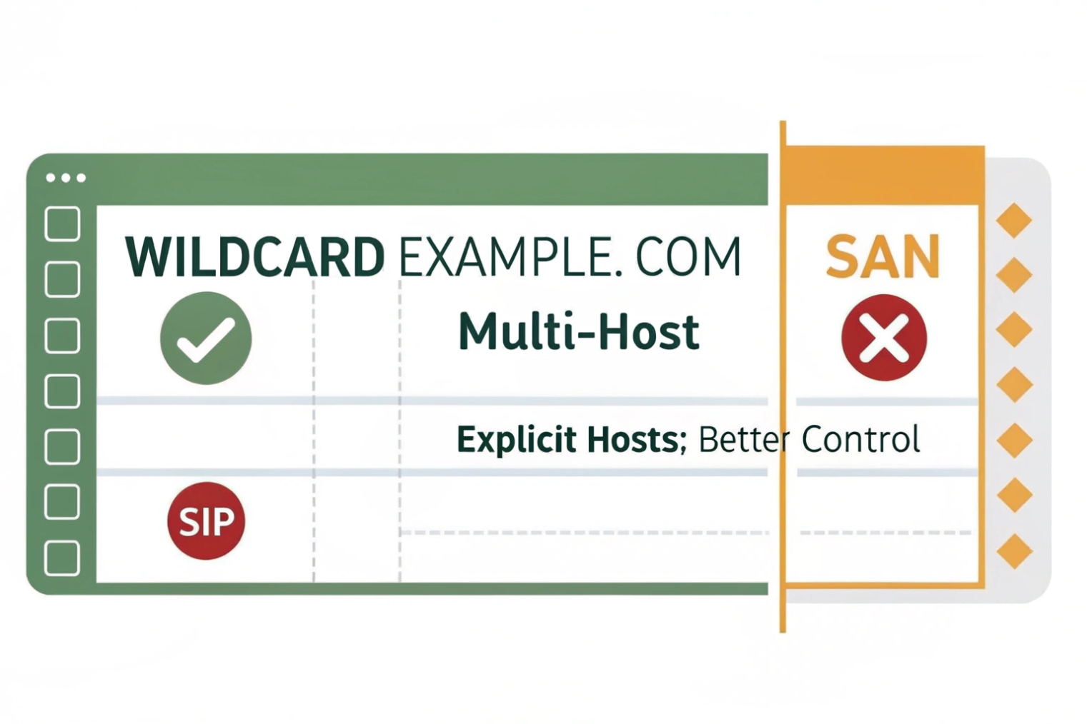 Comparison graphic of WILDCARD EXAMPLE.COM versus SAN certificates, highlighting wildcard as multi-host and SAN as explicit hosts that offer better control, with SIP marked as a concern