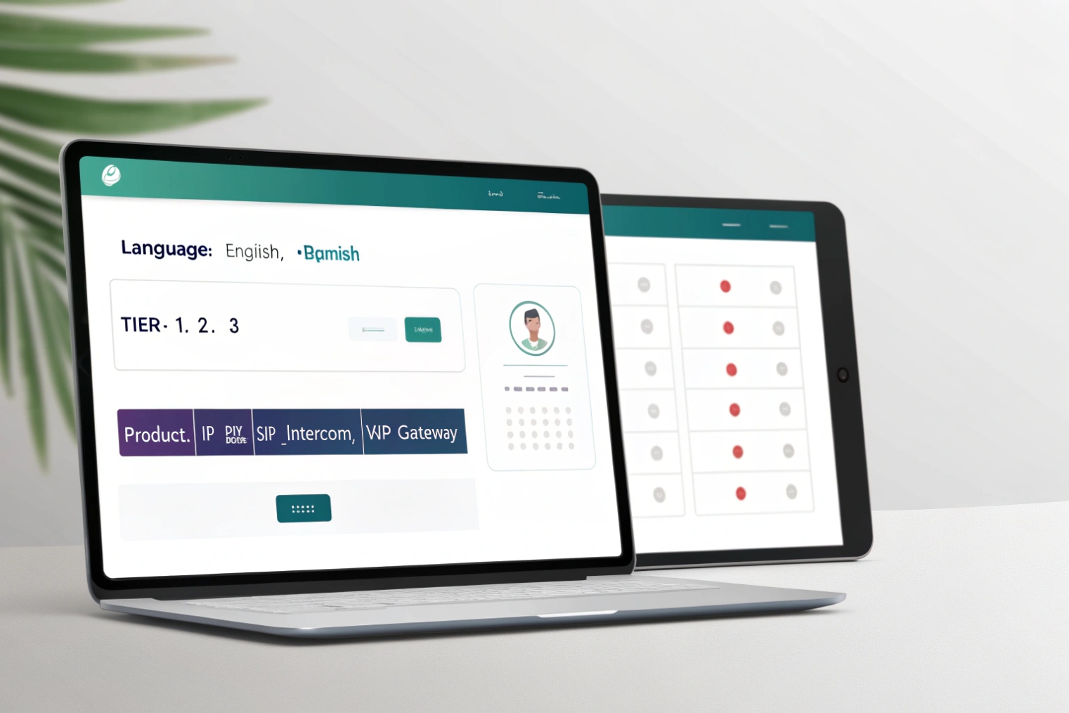 Web dashboard configuring agent language tiers and SIP intercom product skills on tablet