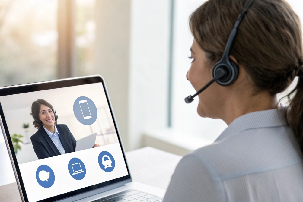 Call center agent using laptop for video meeting and omnichannel customer support icons