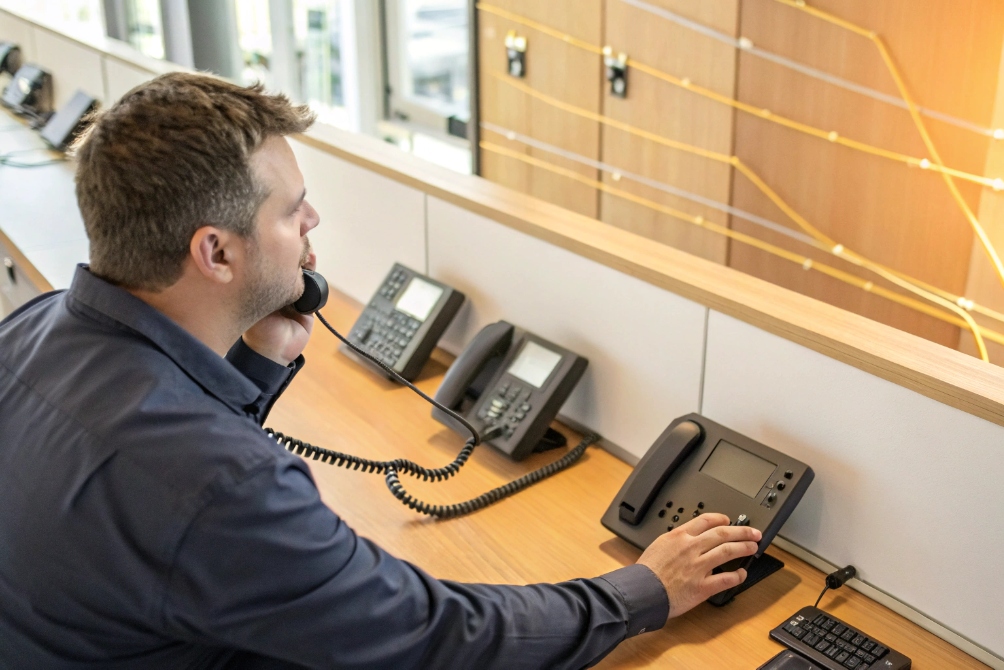 Operator making call on IP desk phone in office reception area