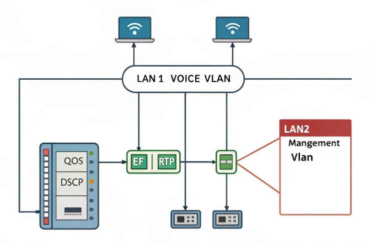 Voice VLAN and management VLAN diagram with QoS DSCP and RTP for VoIP