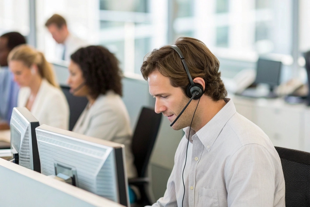 Call center staff wearing headsets working at desks