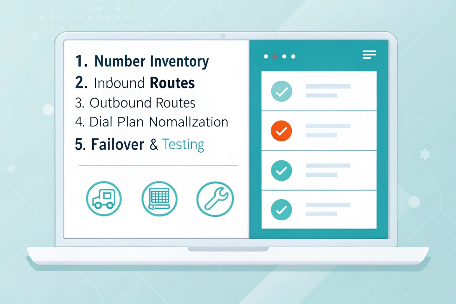 Laptop screen showing SIP number inventory, inbound routes, failover checklist and testing status