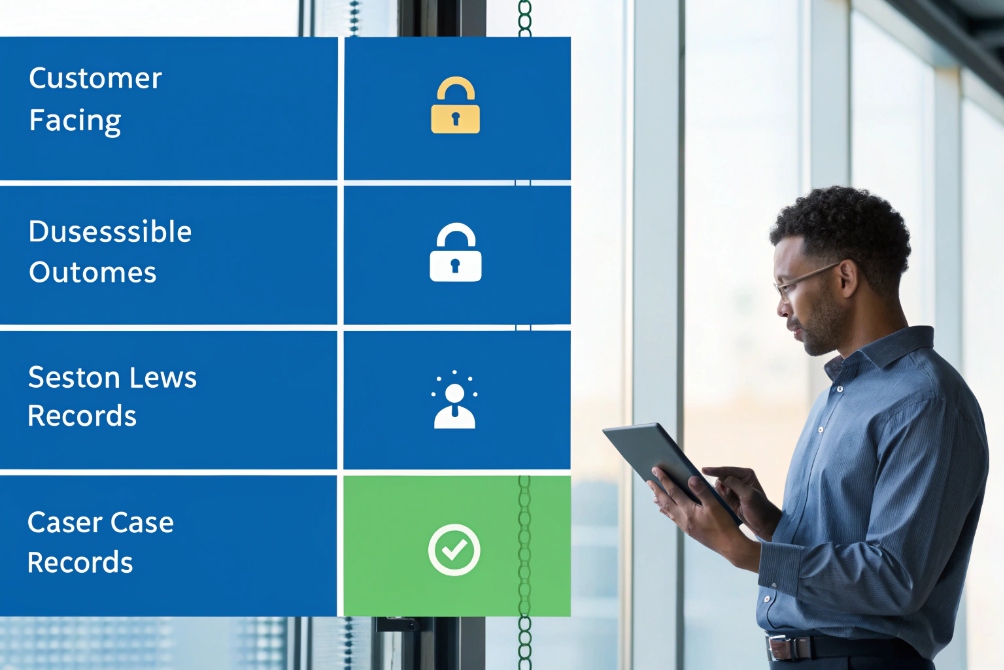 Businessman reviewing access control levels on digital dashboard with tablet