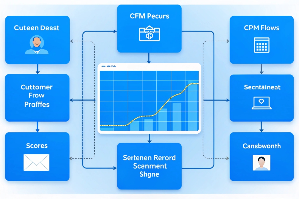 Blue infographic diagram with a central chart tile showing an upward trend line, surrounded by labeled blocks such as an operator icon, calendar, laptop with heart, and envelope, all connected by arrows to represent a customer data and scoring workflow.
