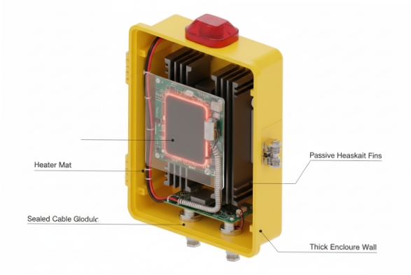 Cutaway of explosion-proof SIP phone showing heater mat heatsinks and sealed cable gland