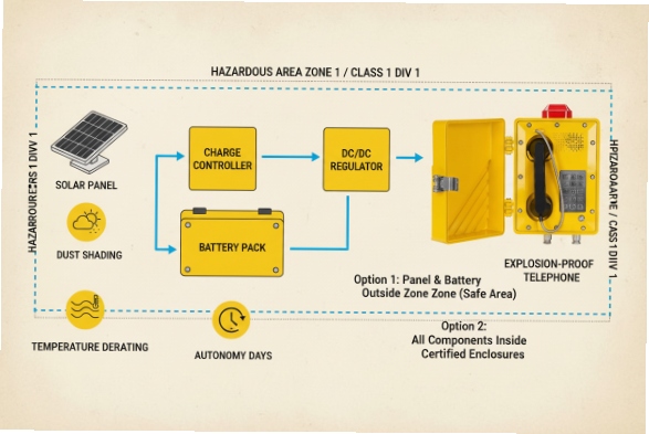 Solar battery power system diagram for hazardous-area explosion-proof SIP telephone