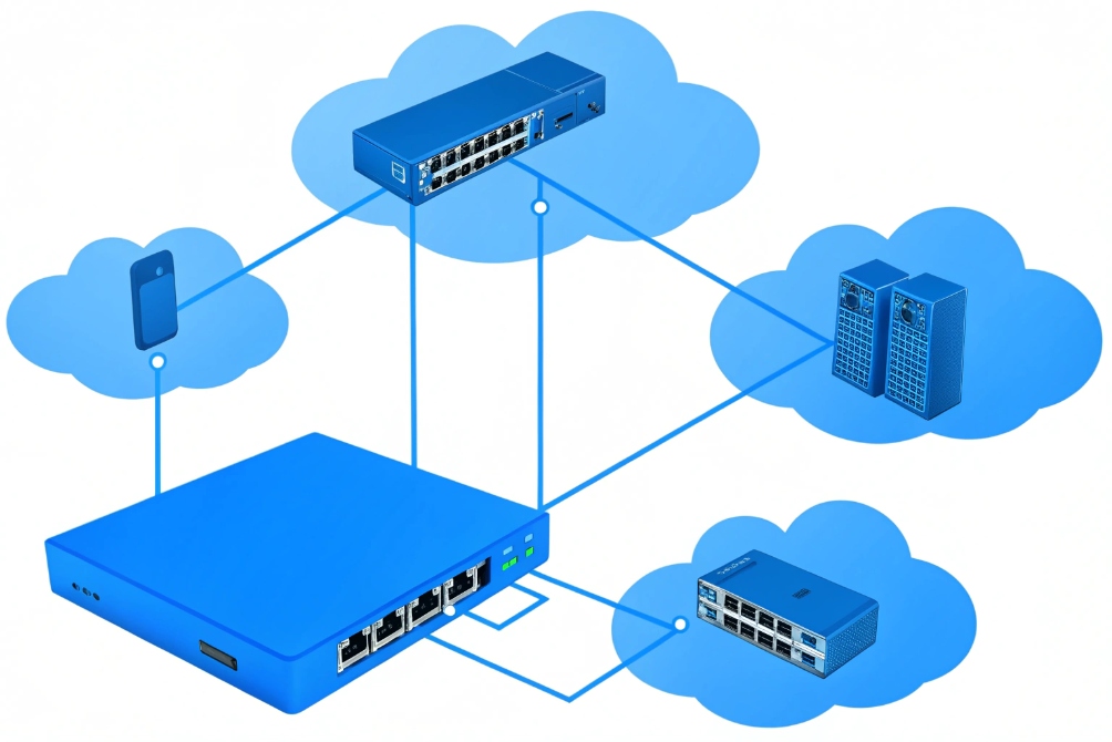 Isometric blue illustration of an IP gateway device in the center connected by lines into cloud shapes containing a mobile phone, Ethernet switches, and server stacks, symbolizing a cloud-connected VoIP or network appliance.