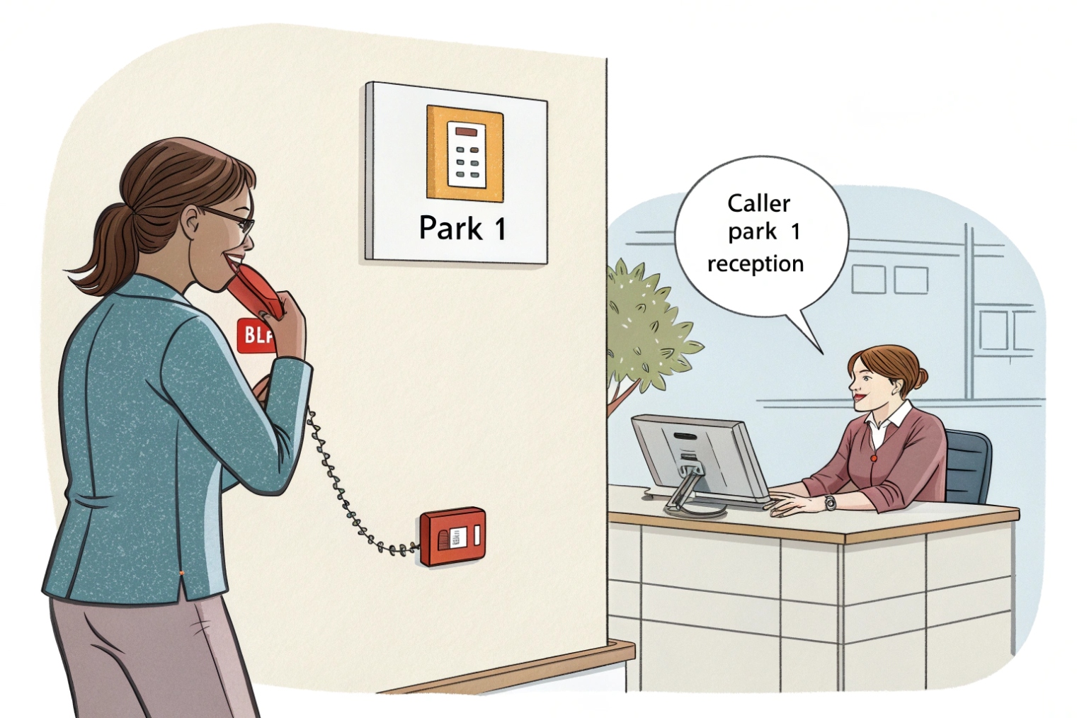 Illustration of receptionist retrieving parked SIP call using BLF key