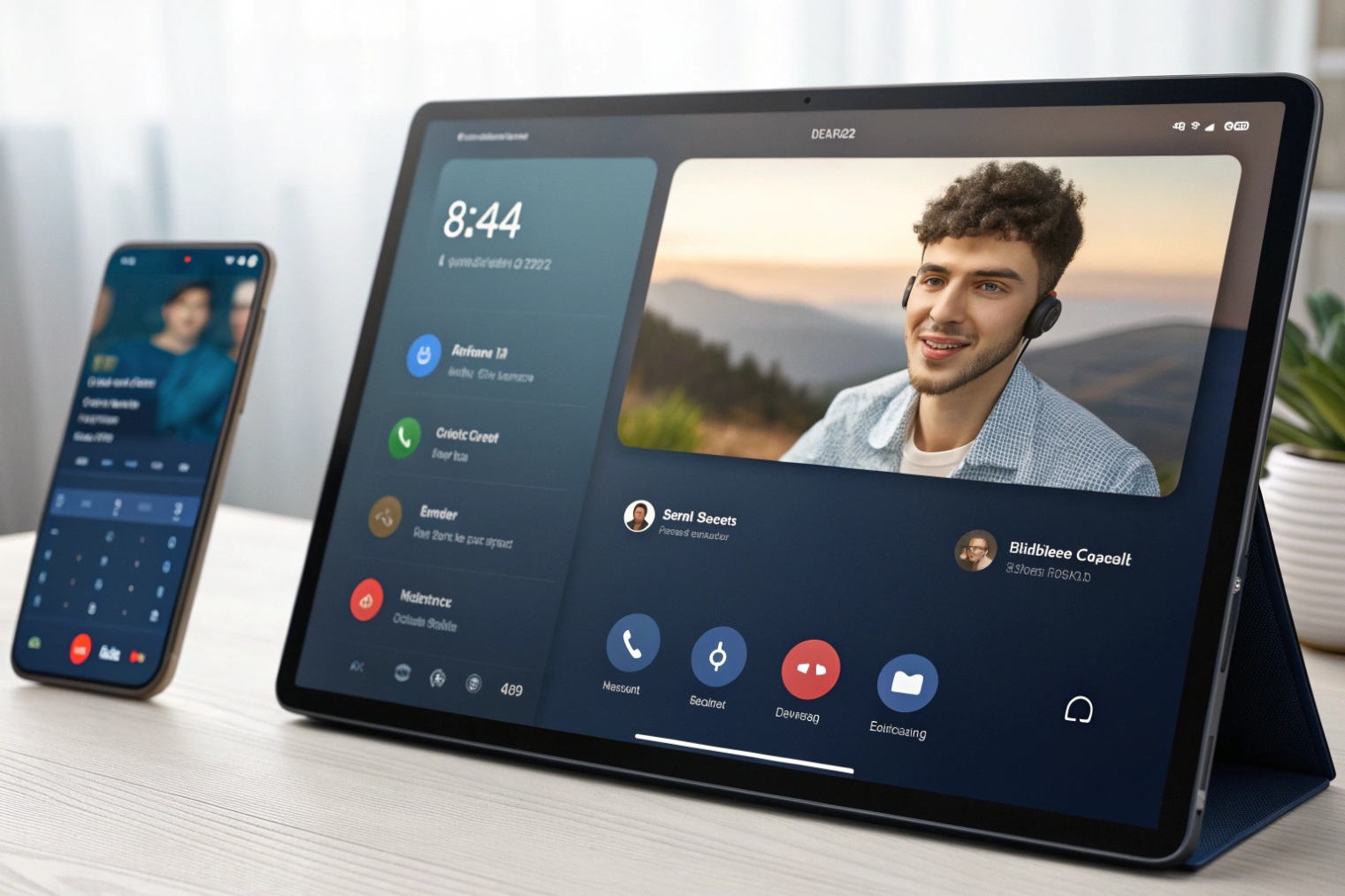 Tablet video call interface with synced smartphone SIP softphone client beside it