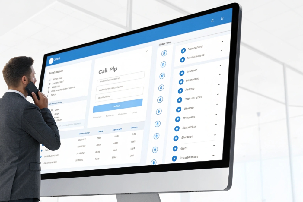 Businessman managing SIP calls on large monitor with call center dashboard interface