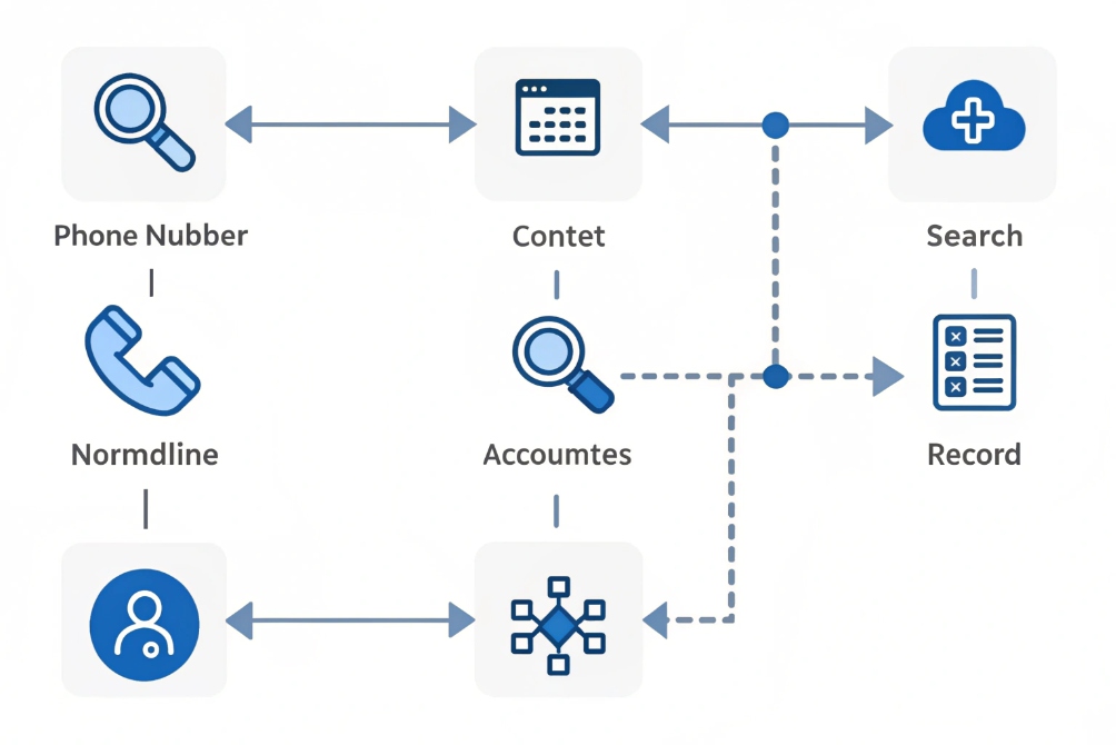 Phone number lookup and account search process flow diagram