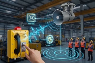 SIP networked industrial intercom phone triggering horn speaker broadcast with workers in factory