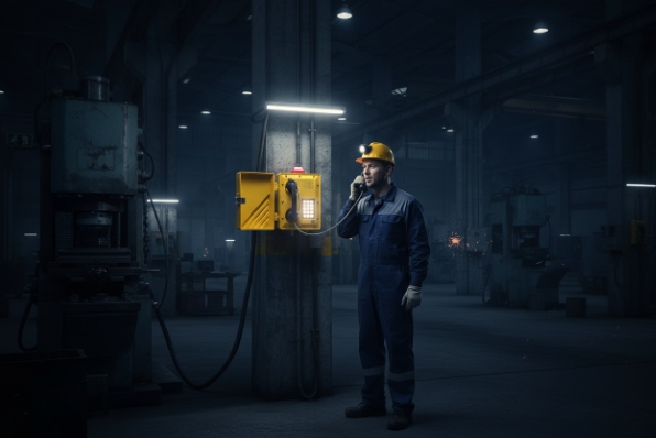 Factory worker using yellow industrial emergency phone mounted on pillar in dark workshop
