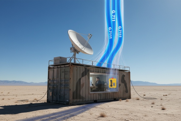 Remote G.711 SIP link Remote site container with satellite dish using G.711 SIP communications to intercom