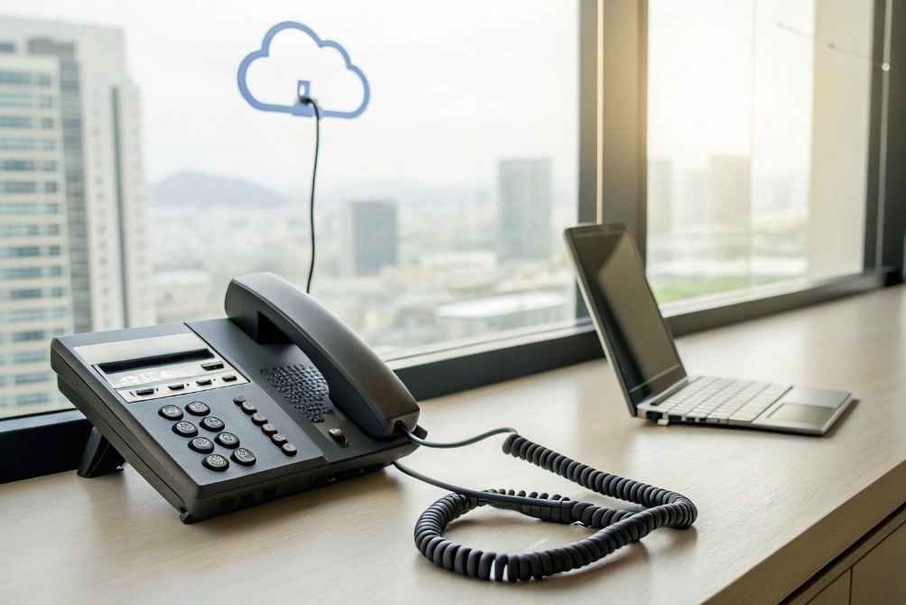 IP desk phone and laptop on office window ledge with cloud connectivity icon